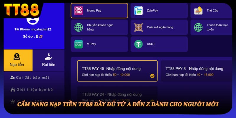 Cẩm nang nạp tiền TT88 đầy đủ từ A đến Z dành cho người mới